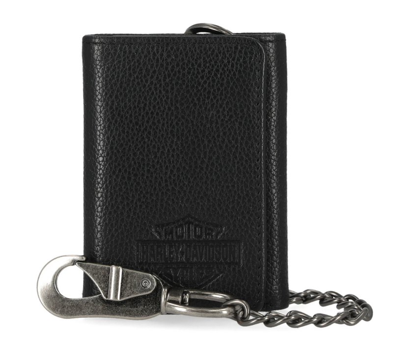 Mens Bar & Shield Core Pebble Trifold Wallet With Chain