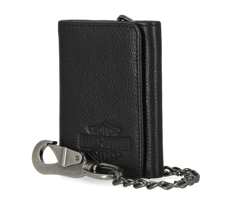 Mens Bar & Shield Core Pebble Trifold Wallet With Chain