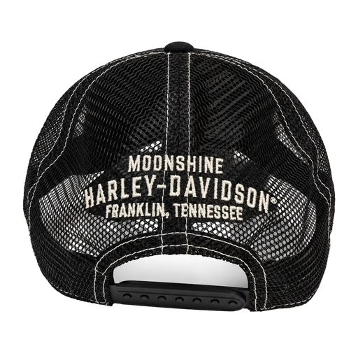 Black mesh trucker cap viewed from the back, featuring white embroidered text that reads 'MOONSHINE HARLEY-DAVIDSON FRANKLIN, TENNESSEE' on a white background.
