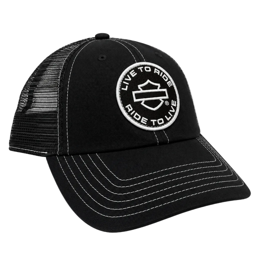 A black trucker-style baseball cap with a circular white embroidered Harley-Davidson logo patch on the front panel, featuring white contrast stitching on the brim and black mesh back panels.