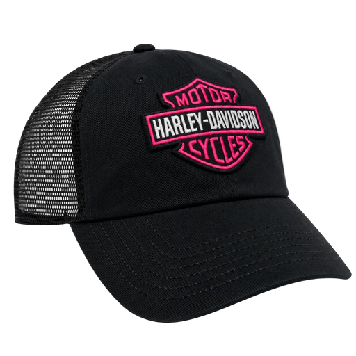 A black trucker-style baseball cap with a curved brim, black mesh back panels, and a prominent pink embroidered Harley-Davidson logo patch on the front.