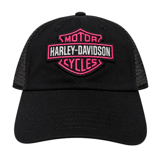 A black trucker-style cap with a prominent embroidered Harley-Davidson logo on the front, featuring pink and white embroidery on a black mesh back, set against a plain white background.