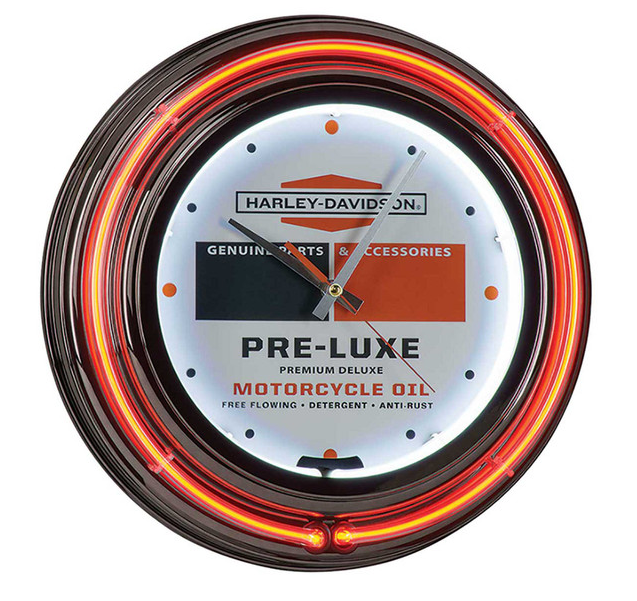 Harley-Davidson® Double Neon Clock, Pre-Luxe Oil Can Graphic Gunmetal Housing - HDL-16645
