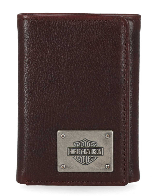 Harley-Davidson® Men's Bar & Shield Plate Tri-Fold Leather Wallet - Oxblood Brown